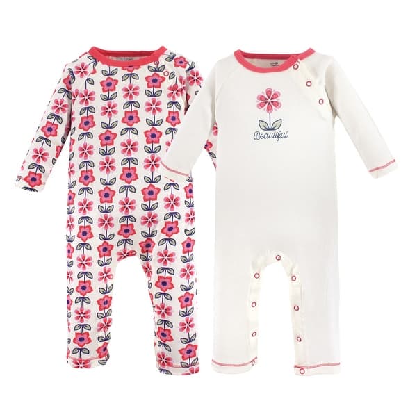 slide 1 of 1, Touched by Nature Baby Girl Organic Cotton Coveralls 2pk, Flower 0 - 3 Months - Pink