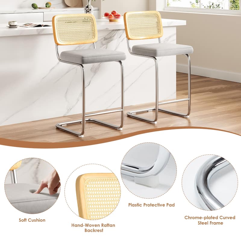 Counter Height Bar Stools Set of 2, Upholstered Velvet Barstools with Rattan Back, 24 inch Stools Armless Bar Chairs