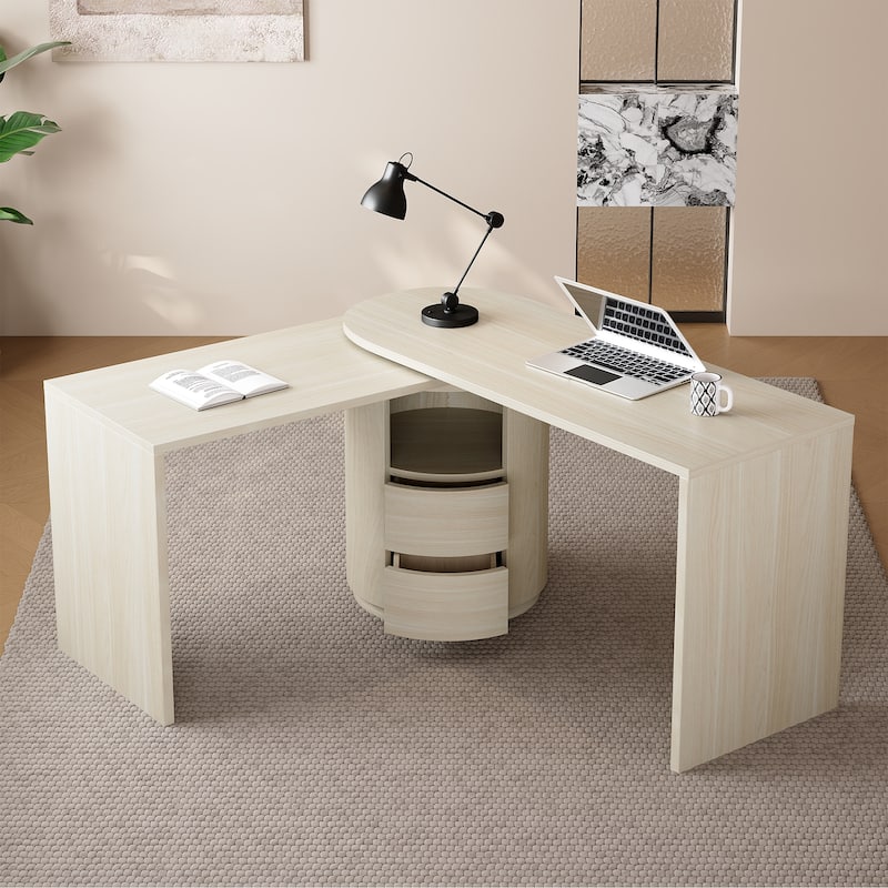 59"L Shaped Desk in Walnut with 2 Drawers,Open storage,360°Wood Rotating Desk,Executive Office Desk,Office Study Workstation - White