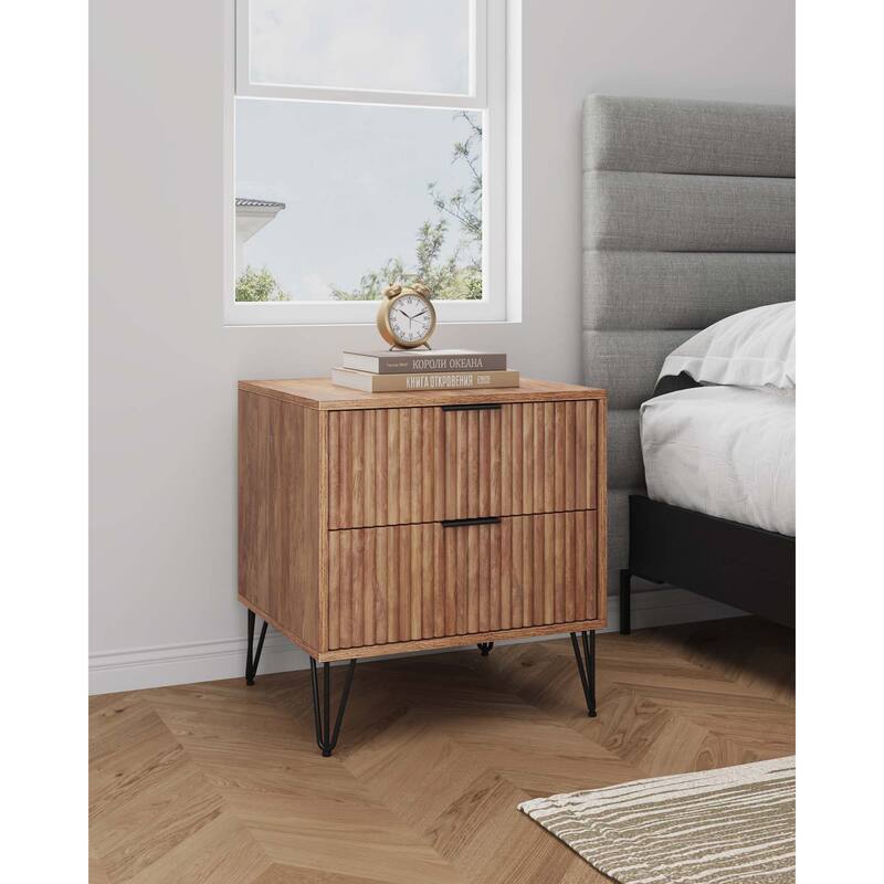 20-Inch Fluted Nightstand with 2 Drawers, Gold Metal Handles, and Splayed Legs in Golden Brown