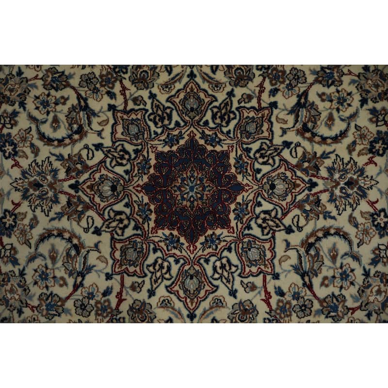Hand Knotted Oriental Wool & Silk Carpet Traditional Floral Beige & Ivories Nain Area Rug - 8' 5'' X 5' 6''