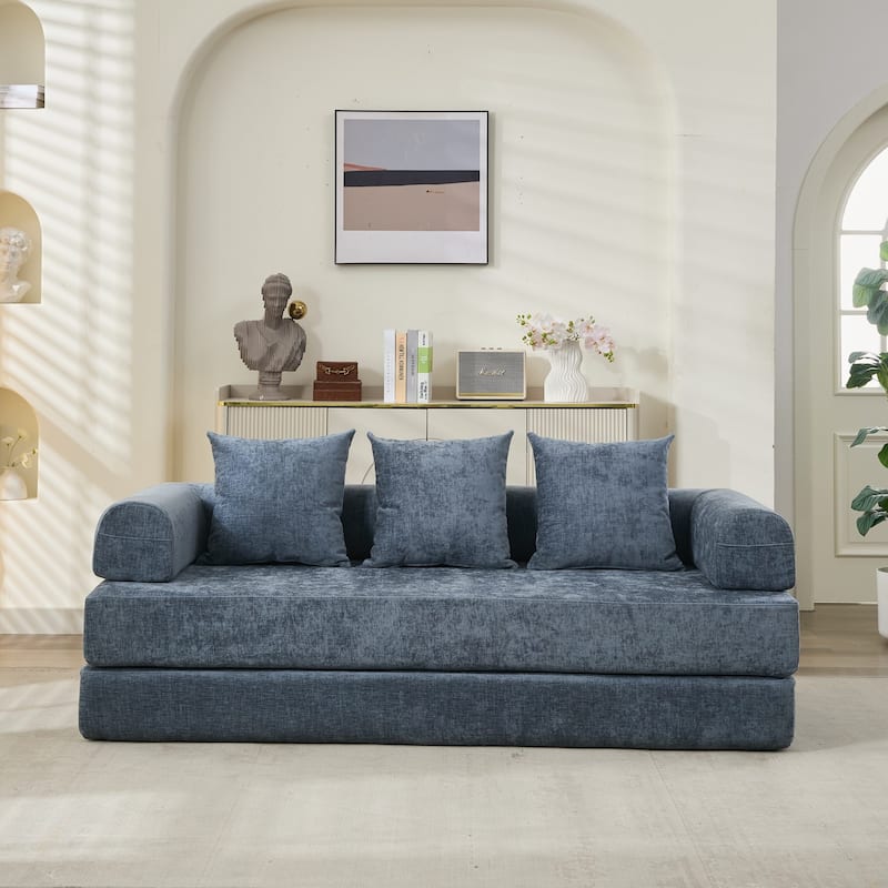 Chenille Floor Sofa Bed - Foldable Mattress Couch with Armrests, Convertible Lounge Chair for Living Room, Bedroom or Studio