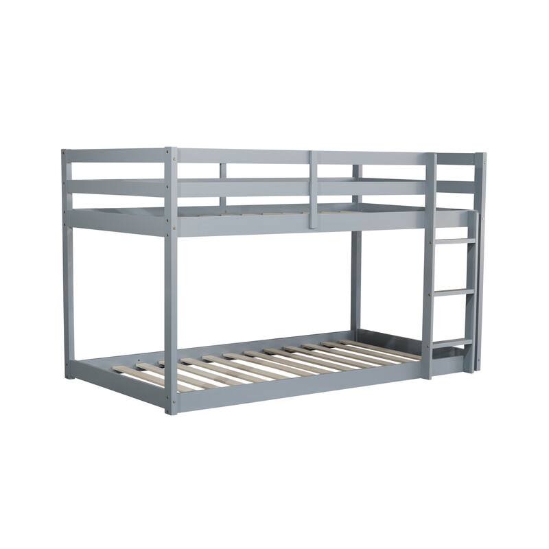 Roomfitters Solid Rubber Wood Twin over Twin Floor Bunk Bed with Ladder, Reinforced Slat Platforms, Low Height Design