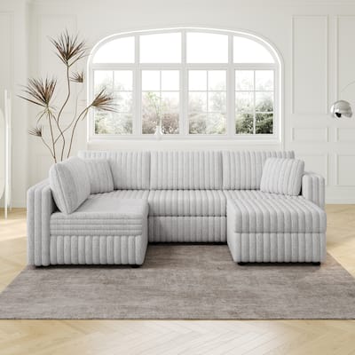 106.3" Soft U-shaped 4-Person Modular Sofa with Storage & Ottoman, Light Gray