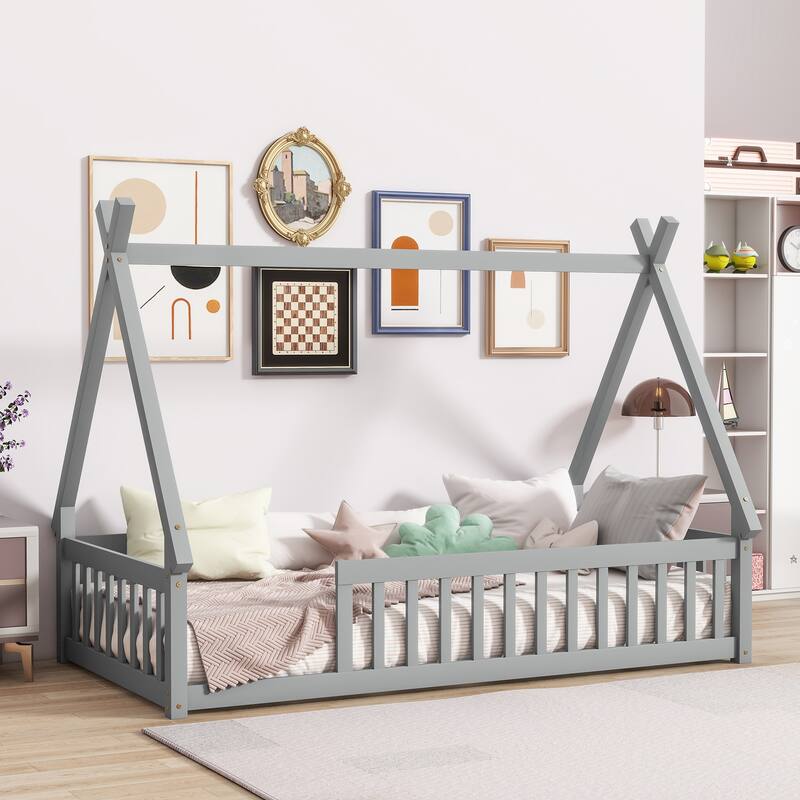 Roomfitters Twin Tent-Shaped Floor Bed with Teepee Frame, Rubber Wood Platform with Guardrails and Slats