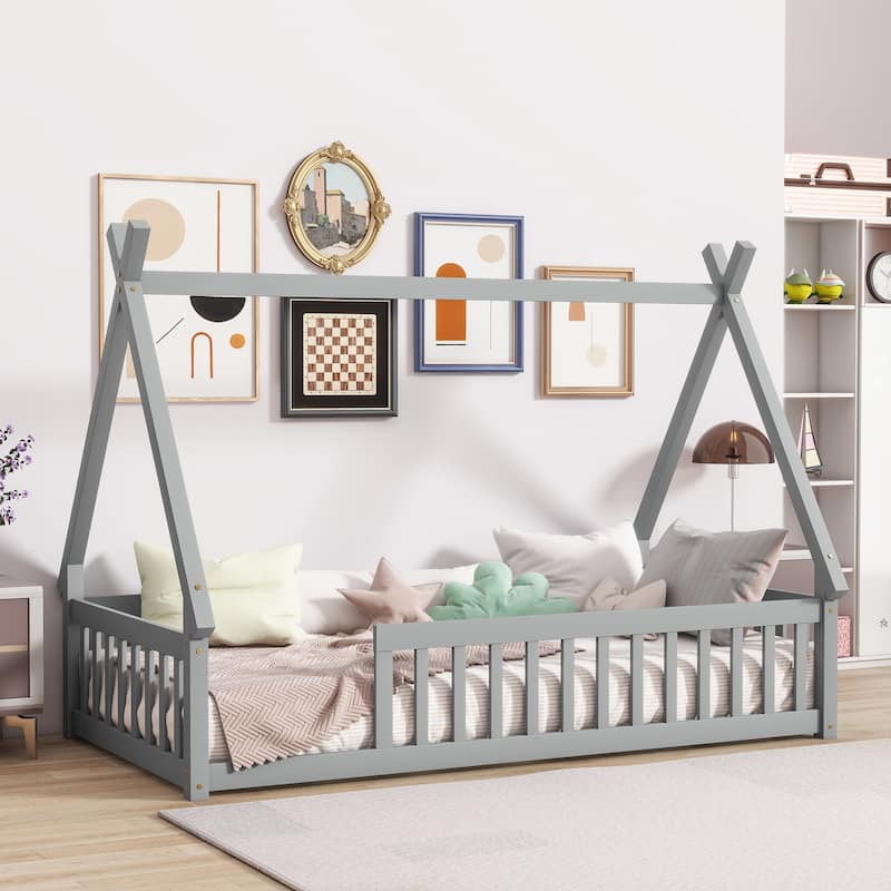 Twin Size Tent Shaped Floor Bed with Guardrails Rubber Wood Low Profile Design