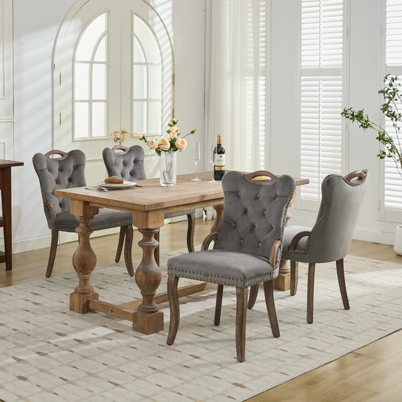Velvet Dining Chairs with Tufted Trim & Copper Nail Accents - Set of 2