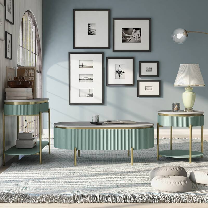 Reed Mid-Century Modern White Faux Marble 3-Piece Accent Table Set with Drawer by Furniture of America - Light Teal Blue