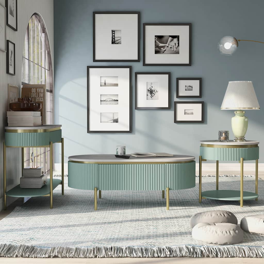 Reed Mid-Century Modern White Faux Marble 3-Piece Accent Table Set with Drawer by Furniture of America