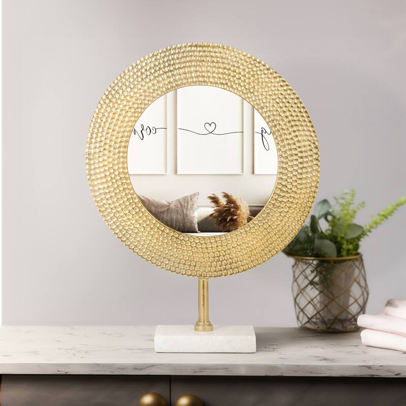 Sagebrook Home Metallic Metal Round Hammered Mirror On Stand Decor