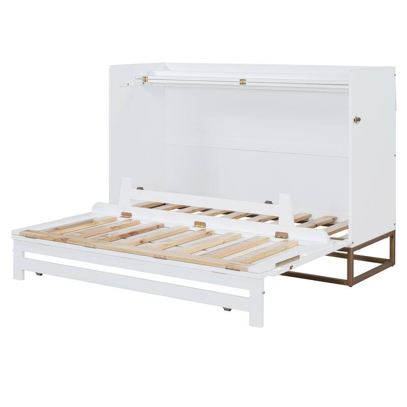 Queen Size Murphy Bed Wall Bed with Iron Legs, Modern Small Room Foldable Bed, Wooden Wall Bed Frame for Home Office