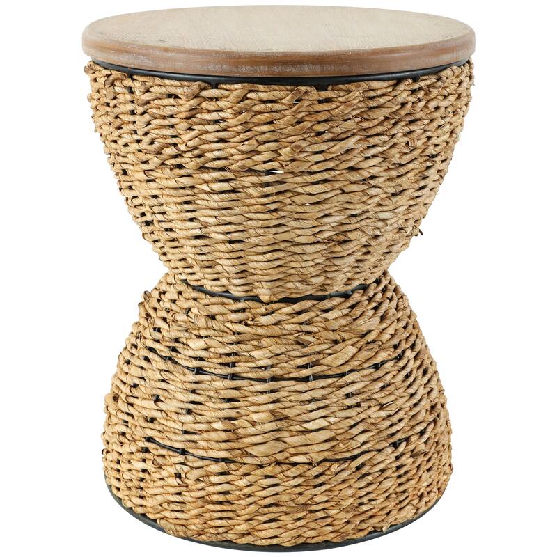 Light Brown or Brown Rattan Handmade Woven Side End Accent Table with Wood Tabletop and Black Frame