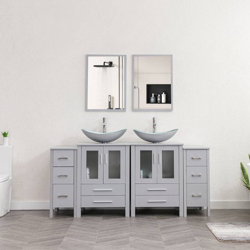 72" Bathroom Vanity Set Glass Ceramic Vessel Sink Side Cabinet Combo