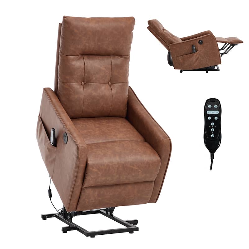 PU Leather Recliner with Single Motor Lift Massage Heat and 155 Degree Recline
