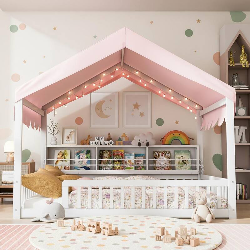Full-Size Floor House Bed with Fence, Book Nook Shelves, Curtain & LED Lights by Harper&Bright Designs -  White+Pink