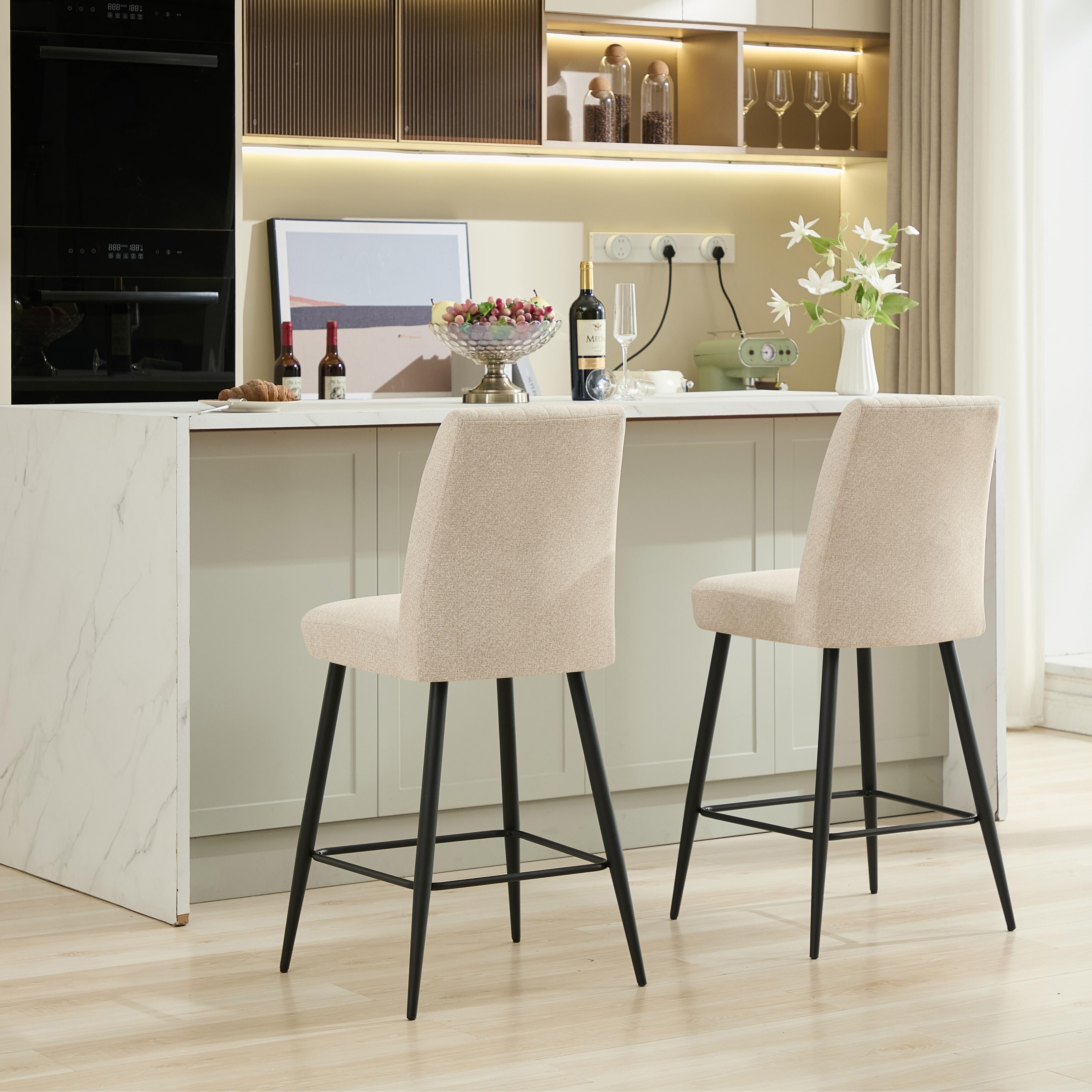 Velvet Upholstered Bar Stools Set of 2, Kitchen Bar Stools with Adjustable Iron Feet, Armless Dining Chairs with Footrest