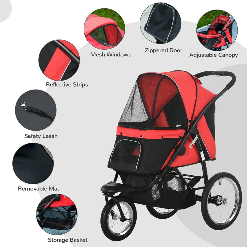 PawHut Pet Stroller for Small and Medium Dogs, 3 Big Wheels Foldable Cat Stroller with Adjustable Canopy