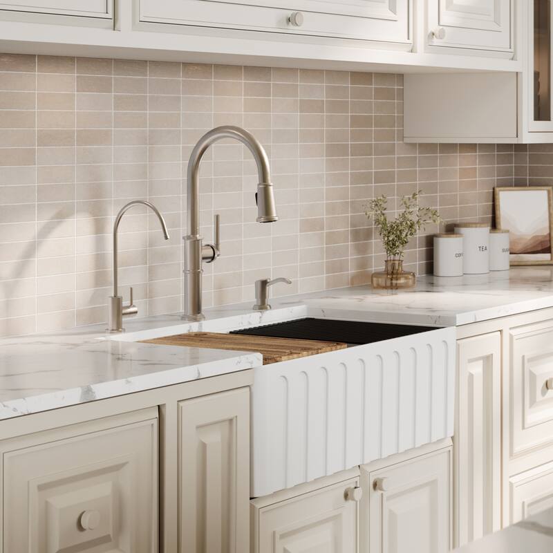 Karran 30" Single Bowl Workstation Fireclay Kitchen Sink with Reversible Fluted Apron Front
