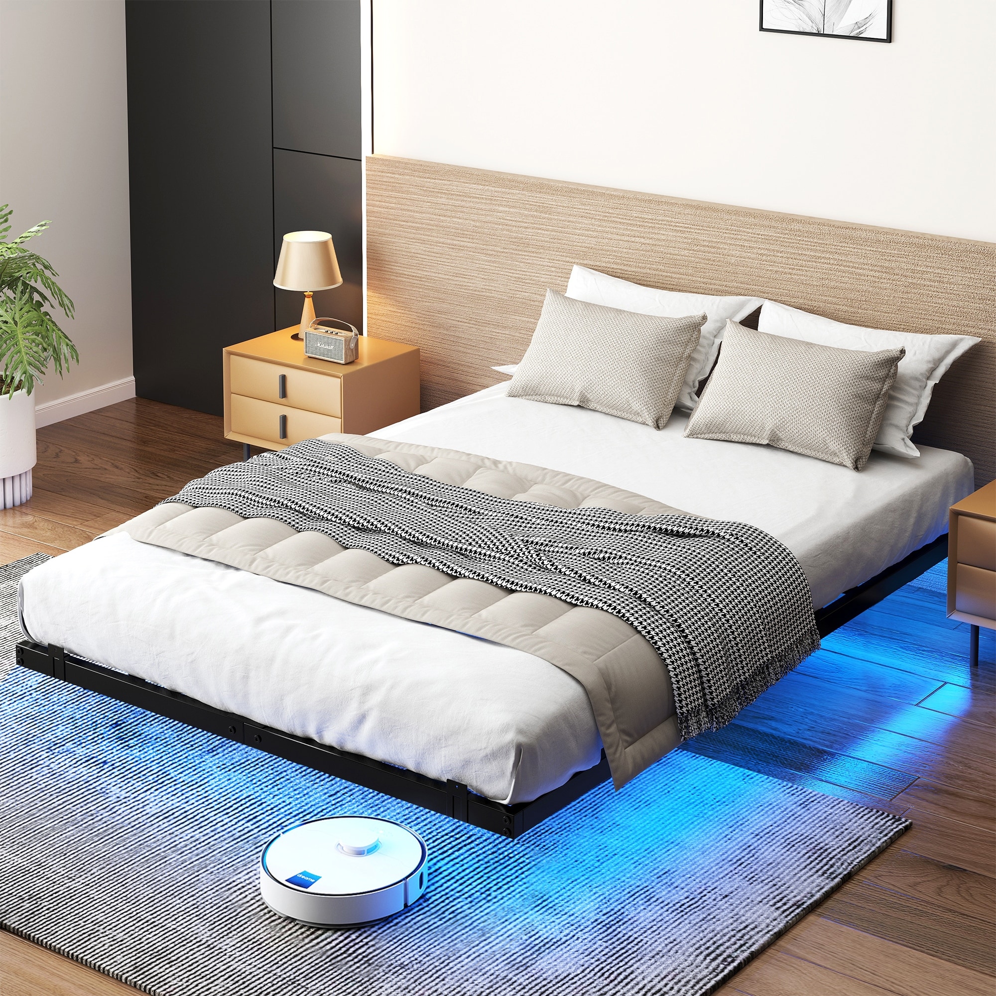 Modern Full Floating Bed Frame with Smart LED Lights & Durable Metal Structure - Sleek Bedroom Addition