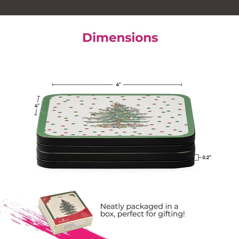 Pimpernel Set of 6 Christmas Tree Polka Dot Coasters - 4" L x 4" W
