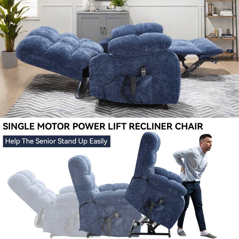Chenille Power Lift Recliner Chair for Big and Tall with Massage, Heat, Dual Motors, and 180° Recline