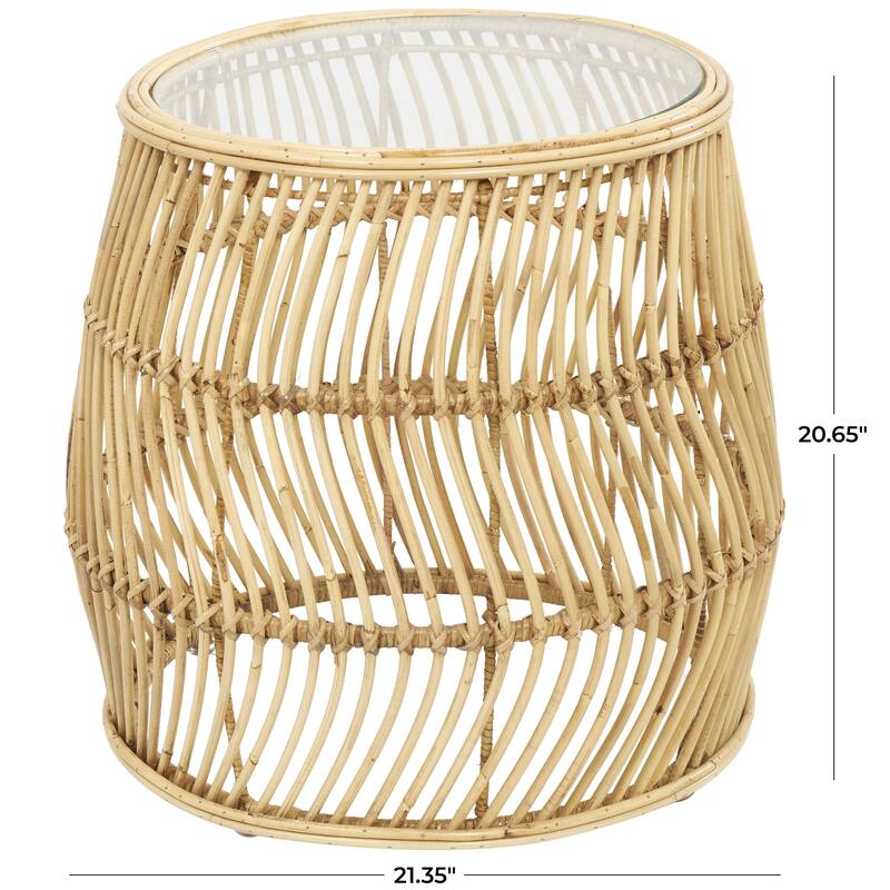 Rattan Handmade Wavy Woven Accent Table with Glass Top - Brown - Roche River Decor