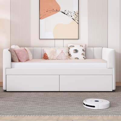 Twin Size Upholstered Daybed with Ergonomic Design Backrest and 2 Drawer