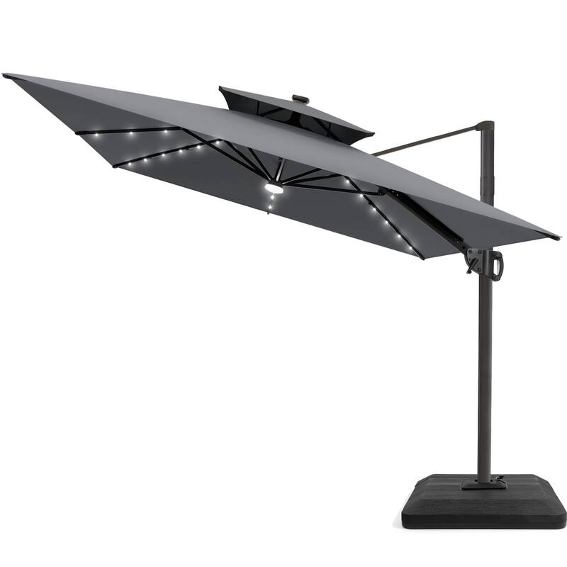 9 X 11 FT Outdoor Patio Cantilever Umbrella with Solar Lights 4-Piece Premium Base Double Canopy 360 Rotation Tilt