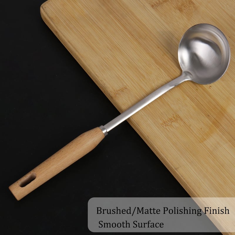 Stainless Steel Soup Ladle Spoon Wooden Handle Cookware Utensil - 10.8" x 3"(L*W)