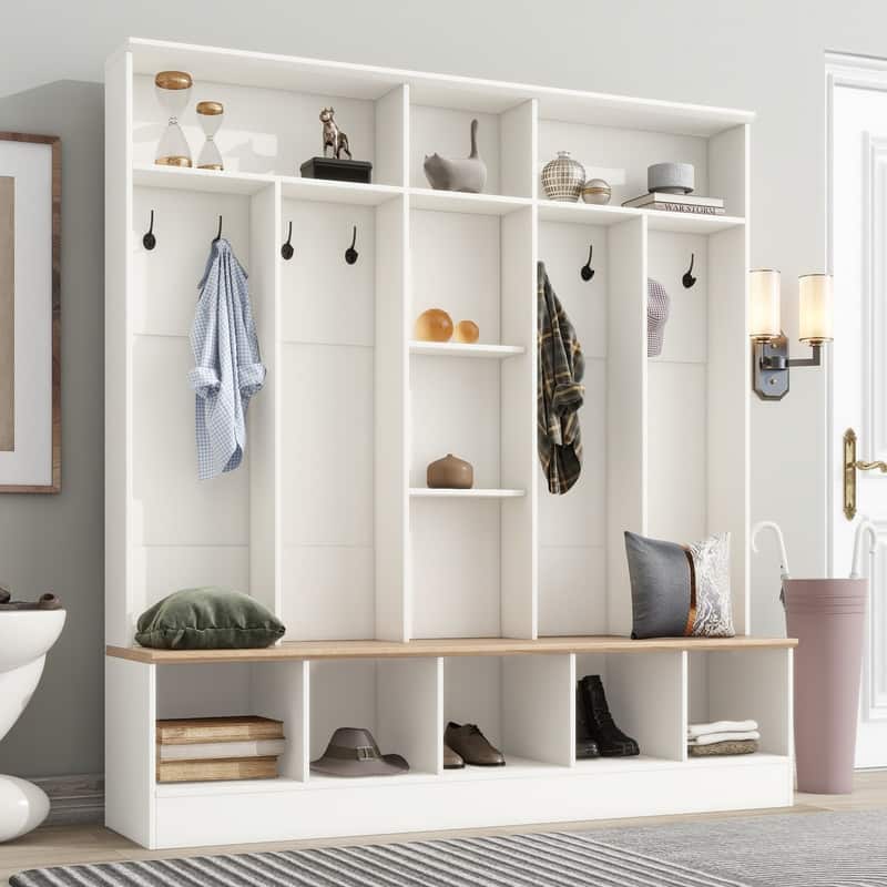 Hall Tree with Storage Bench, Shoe Cabinet with Cube Storage & Shelves, Entryway Bench Coat Rack Mudroom Bench with 8 Hooks