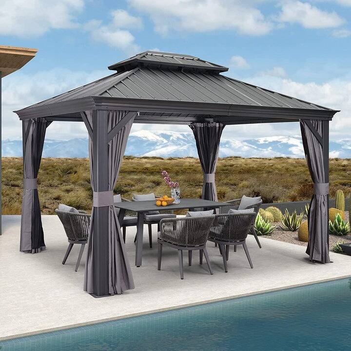 PURPLE LEAF Outdoor Galvanized Steel Hardtop Gazebo, Aluminum Frame Gazebo With Curtains - 10' x 12' - Gazebo Grey