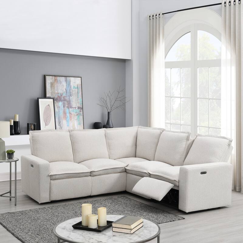 89.76'' L-Shaped 5-Seat Sectional Sofa with Power Recliner Chair, USB Charging, and Plush Home Theater Comfort - Beige