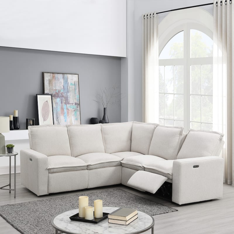 Beige 89.76'' L-Shaped 5-Seater Sectional Sofa with Power Recliner Chair, USB Charging, and Plush Home Theater Comfort - Beige