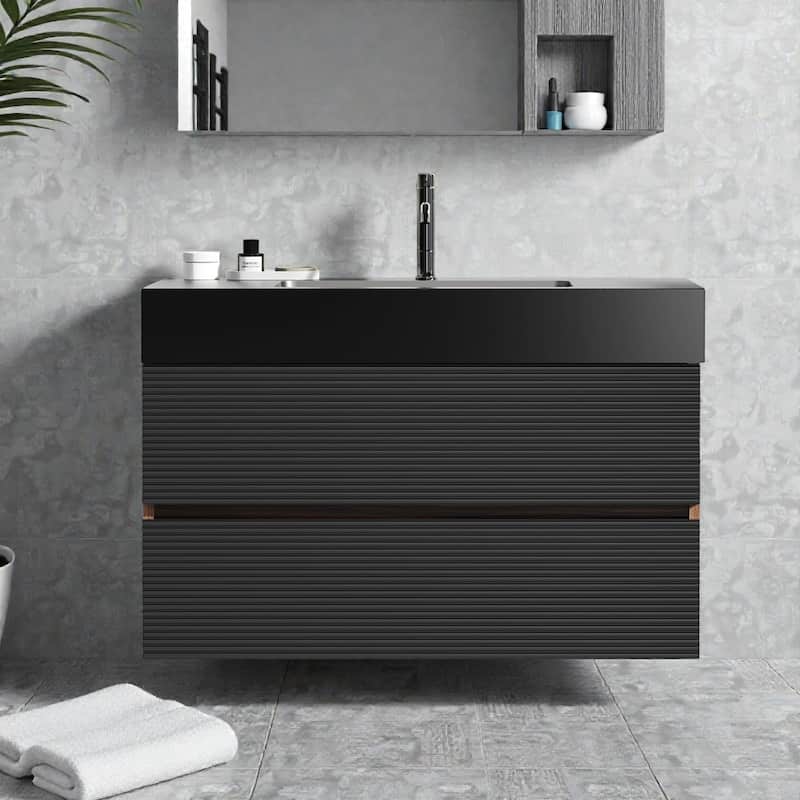 36" Walnut Floating Bathroom Vanity with Matte Black Quartz Basin, Wall Mounted Modern Vanity with Soft-Close Drawers - Black Brown