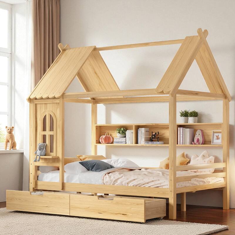 Twin/Full Size Wooden House Bed with Drawers and Shelves, Kids Platform Bed Frame with Window Roof Design
