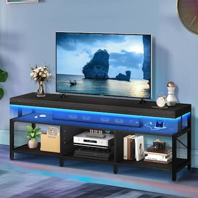 Industrial Wood TV Stand with LED Light with Open Storage Shelves Power Outlets Bluetooth Remote