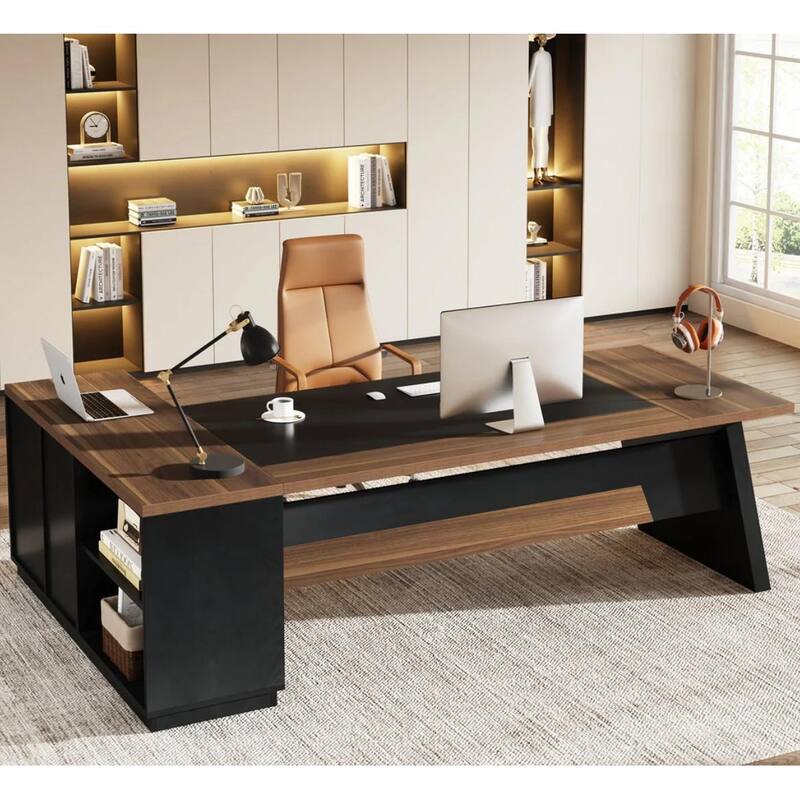 78.7" L-Shaped Executive Desk with File Cabinet & Drawers Light Walnut + Black