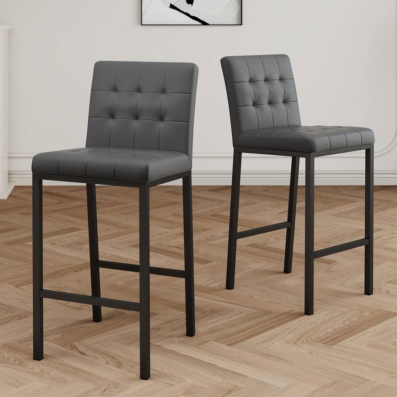 Modern High Bar Stools Set of 2, Kitchen Stool Island with PU Backrest, Gaming Chair with Metal Legs and Footstool