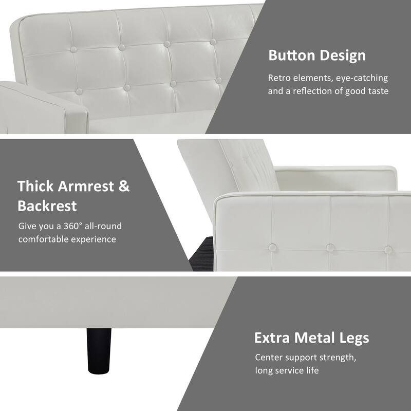 74.4” L Faux Leather Full Handcrafted Button Tufted Sofa 3-Seat, Convertible Sleeper Couch Adjustable Backrest