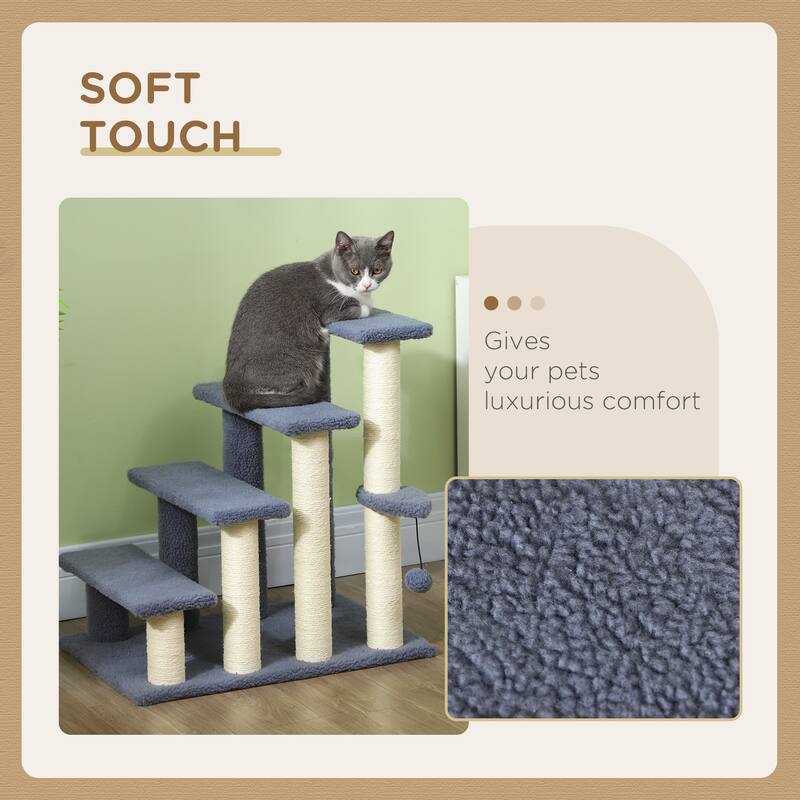 4 Levels Cat Steps, Pet Stairs Carpeted Ladder, Kitten Tree Climber with Scratching Posts, Hanging Play Ball, Side Step - Gray