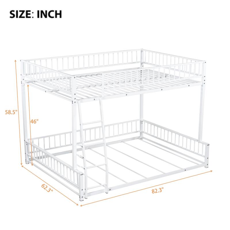 Metal Twin XL/Full XL over Queen Bunk Bed Frame with Ladder, Safety Rails, Space-Saving Floor Design