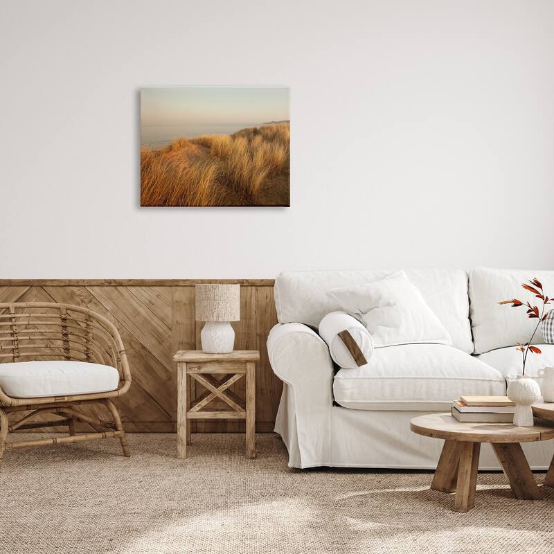 Stupell Ocean Cliff Sunset Sun Bleached Grass Seaside Photography Canvas Wall Art - Yellow