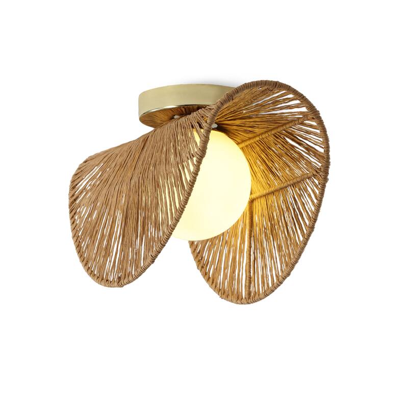 Sovev 1-Light Flush Brass Bohemian Mount Wall Sconce with Opal Glass Rattan Shade - Polished Brass + Frosted Glass + Brown Shade
