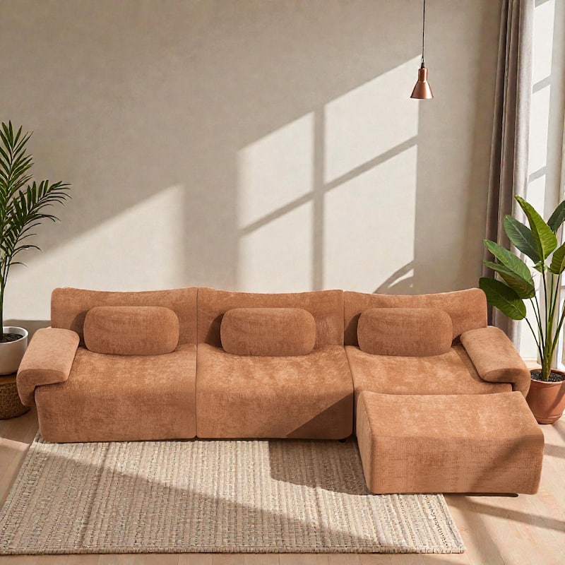 Modular Chenille Sofa Set with Armchair, Extra Large Deep Seat 3 Seater Compression Couch with Pillows