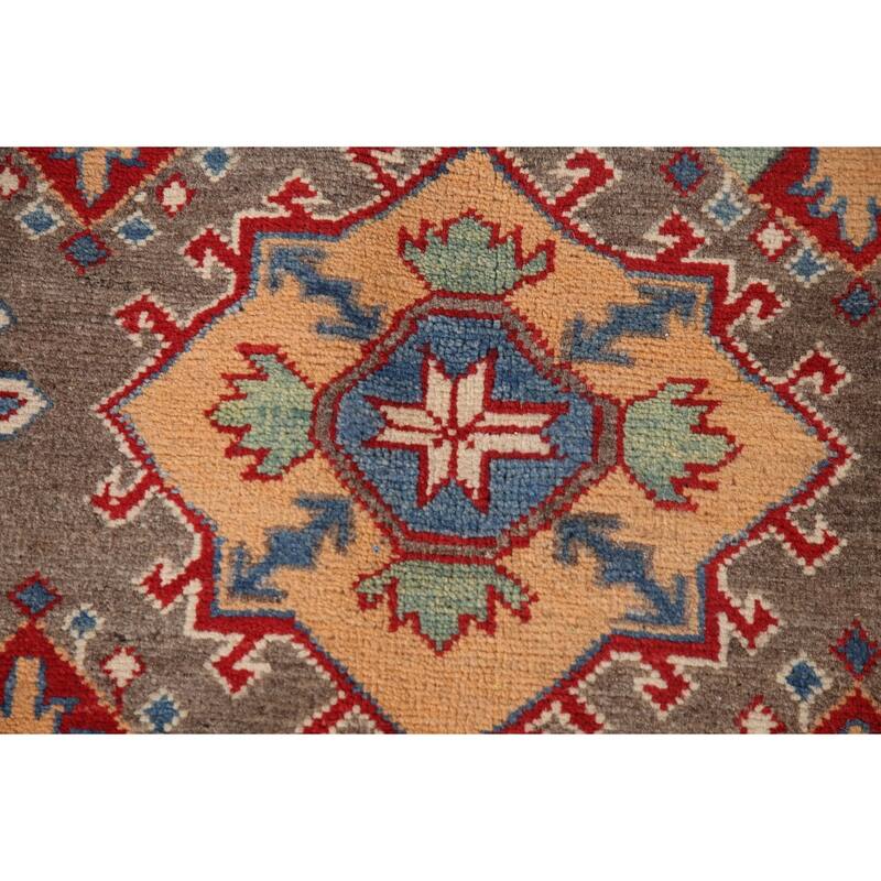 Geometric Brown Kazak Area Rug Handmade Wool Carpet - 6'7" x 9'10"