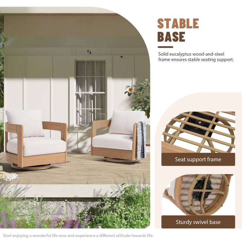 Outdoor Swivel Chair Conversation Set 360-Degree Solid Wood Eucalyptus