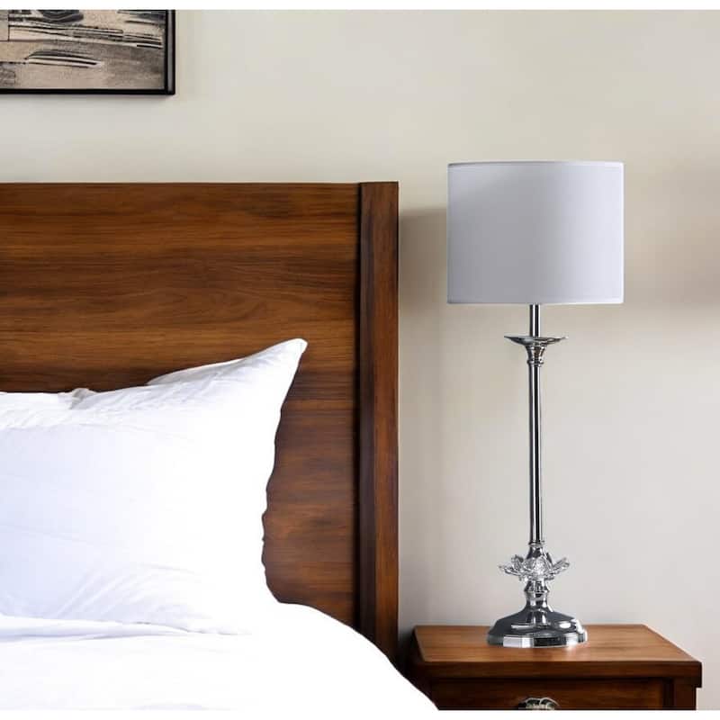Silver Metal Candlestick Lamp with White Linen Shade and Faux Crystal Accent - 9.5” x 9.5” x 25.5” (D x W x H)
