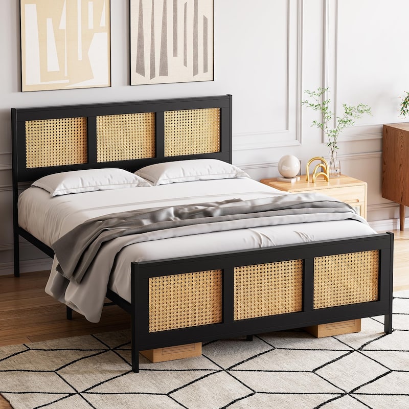 Black Bed Frame with Rattan Headboard and Footboard