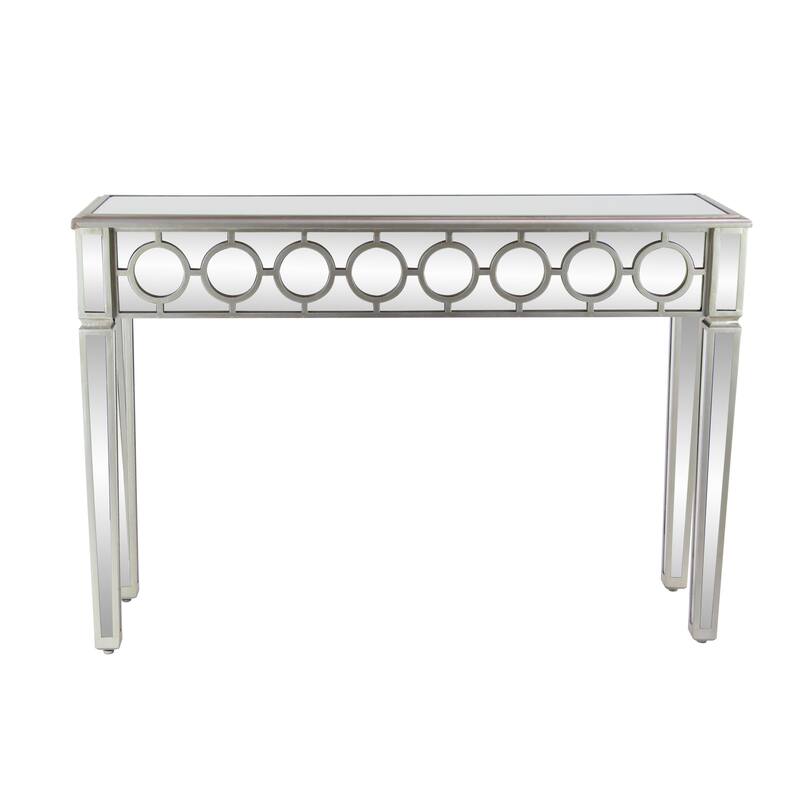 Silver Glass Mirrored Geometric Console Table with Circular Panel Inlay