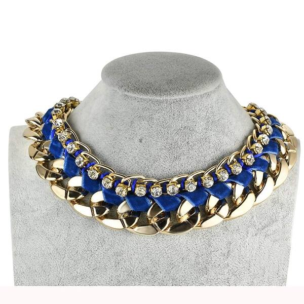 Statement Necklace Bib Necklace Chain and Ribbon Necklace-Dark Blue Ribbon Necklace